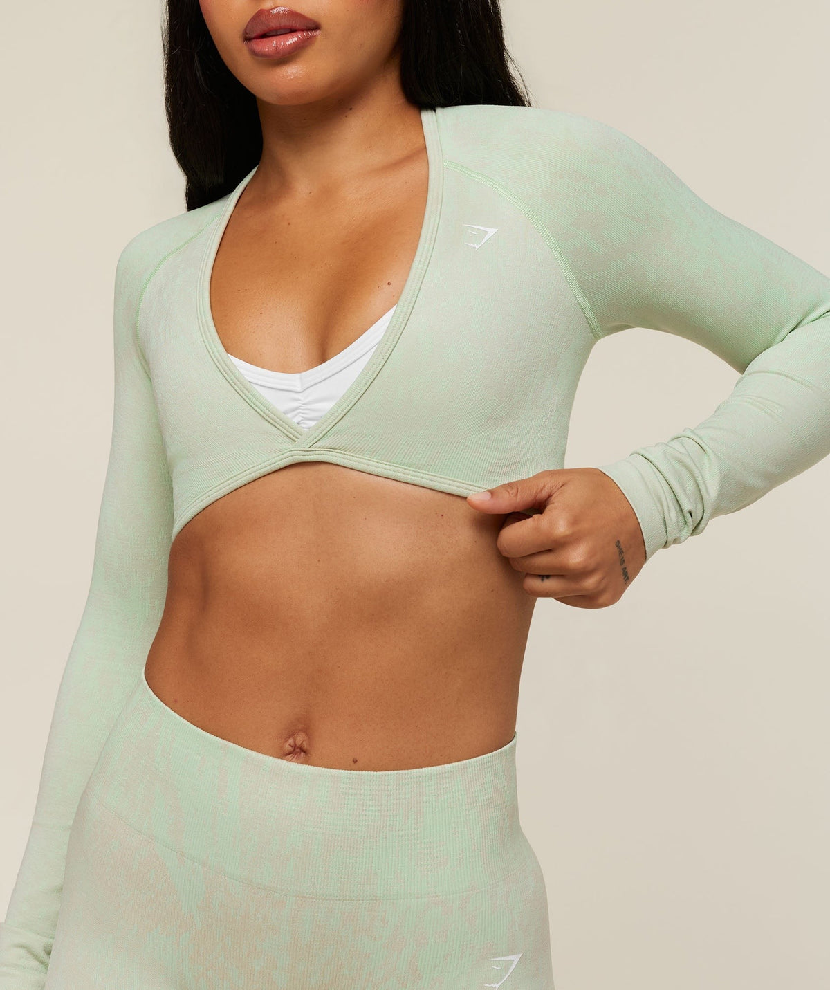 Gymshark Adapt Animal x Whitney Long Sleeve Crop Top - Sprint Green/Chalk Beige