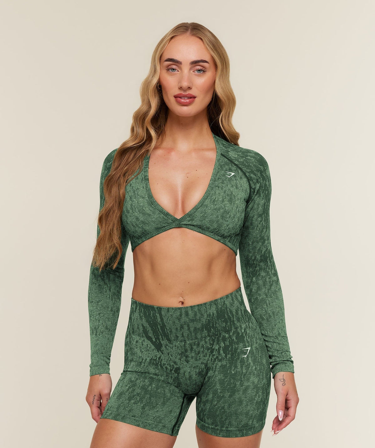 Gymshark Adapt Animal x Whitney Long Sleeve Crop Top - Earth Green/Sprint Green