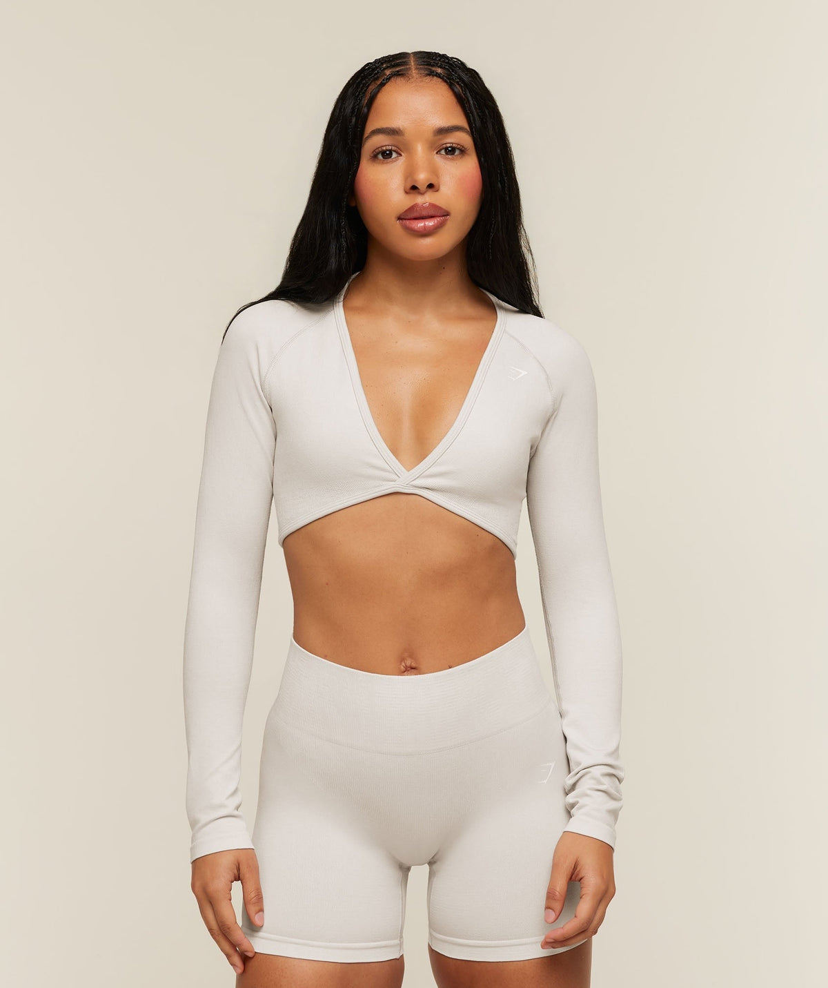Gymshark Adapt Animal x Whitney Long Sleeve Crop Top - Mist Grey/Soft White
