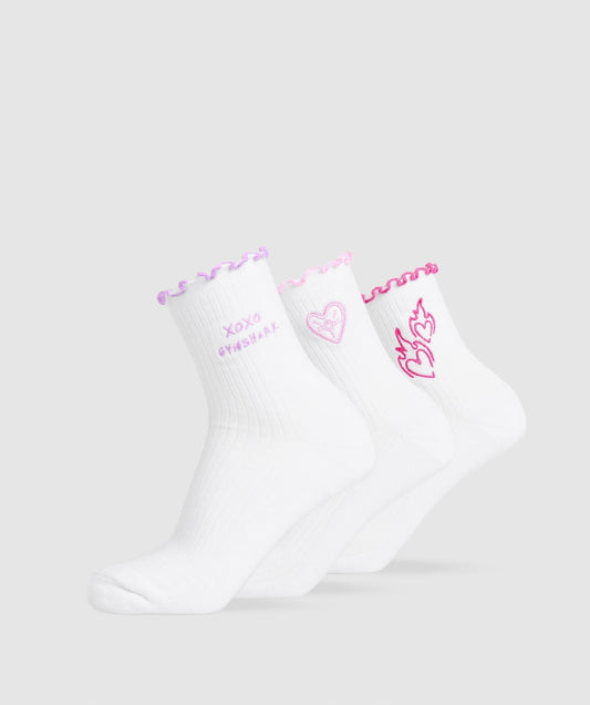 Gymshark Frill Midi Sock 3pk - White/Sour Pink/Active Purple/Winning Pink