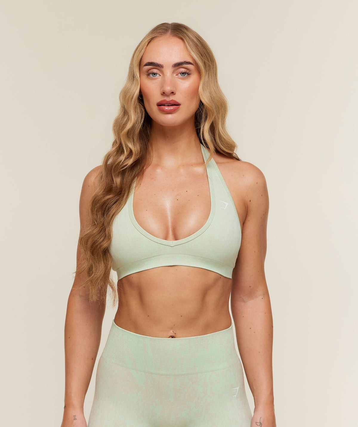 Gymshark Adapt Animal x Whitney Halter Neck Sports Bra - Sprint Green/Chalk Beige