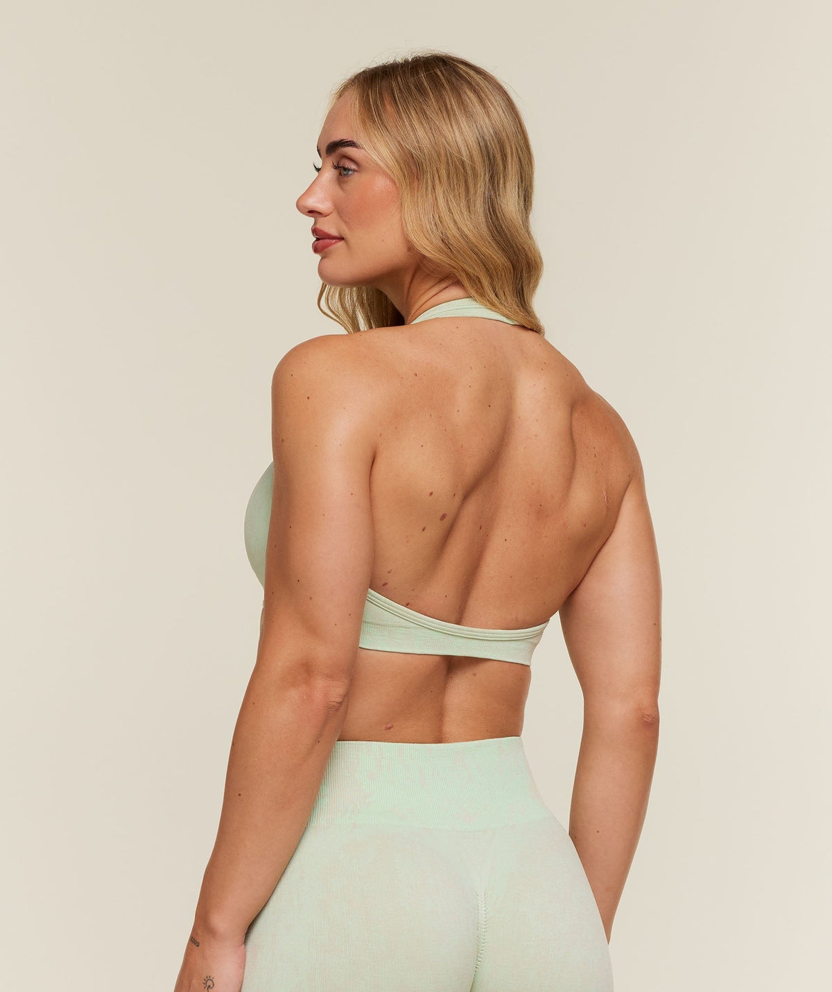 Gymshark Adapt Animal x Whitney Halter Neck Sports Bra - Sprint Green/Chalk Beige