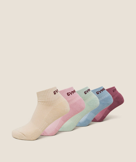 Gymshark Quarter Socks 5pk - Reset Pink/Cloud Pink/Stone Beige/Bench Blue/Clay Green
