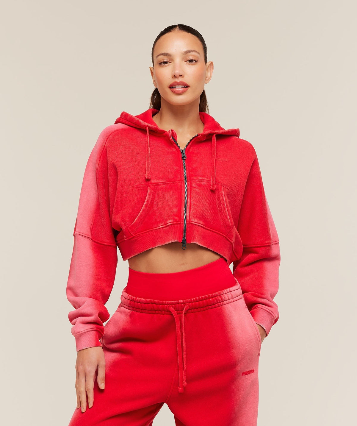 Gymshark Pump Washed Zip Through Hoodie - Carmine Red/Soft White/Wash
