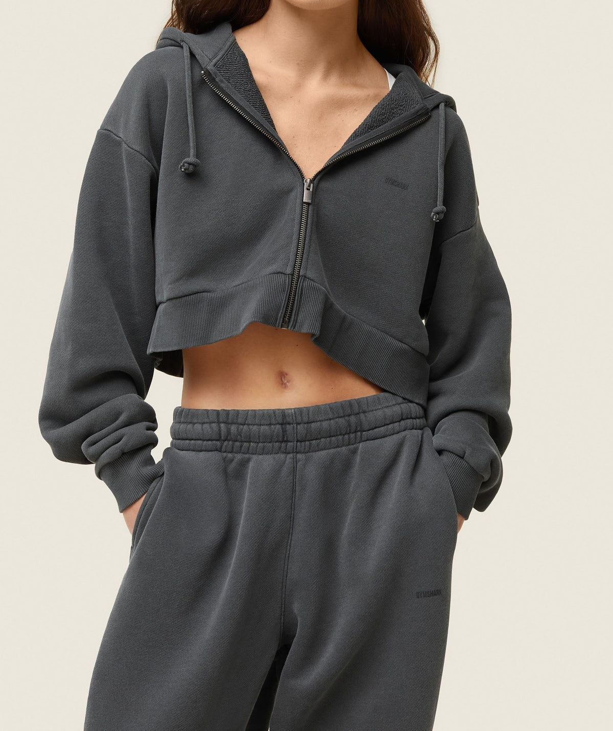 Gymshark Comfort Cropped Full Zip Hoodie - Black/Pigment Garment Dye + Wash