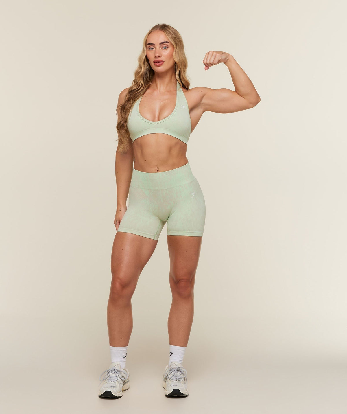 Gymshark Adapt Animal x Whitney Halter Neck Sports Bra - Sprint Green/Chalk Beige