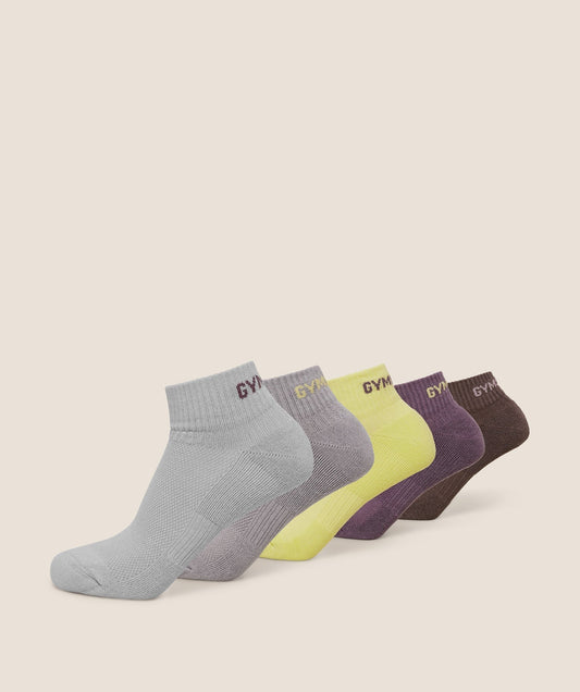 Gymshark Quarter Socks 5pk - Light Grey/Stratus Grey/Sorbet Yellow/Dusk Purple/Cool Brown