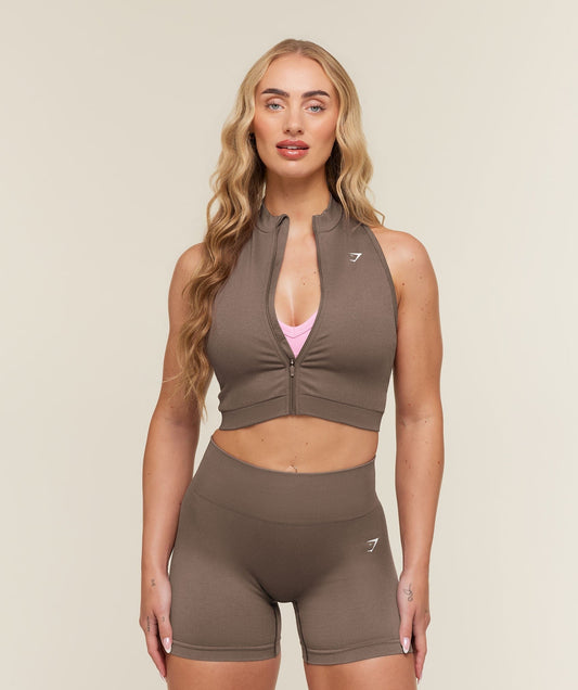 Gymshark Adapt Solid Zip Front Top - Soft Brown
