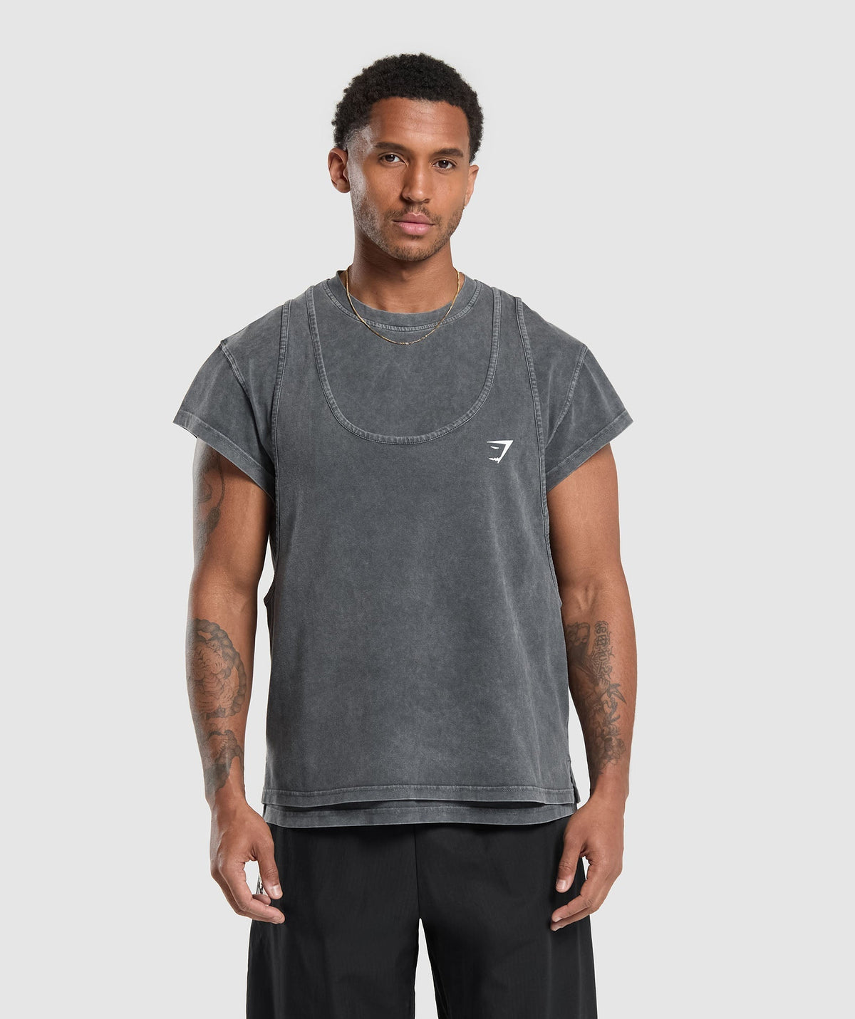 Gymshark Washed Double Layer Tee - Black/Stone Acid Wash