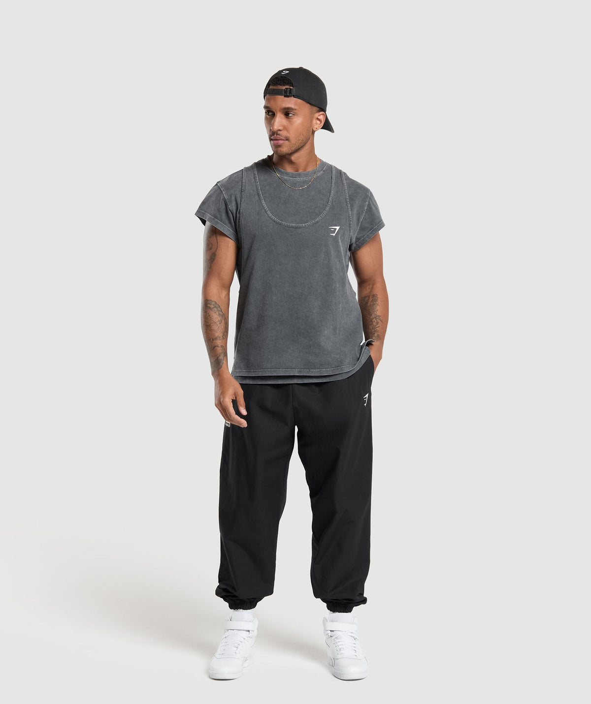 Gymshark Washed Double Layer Tee - Black/Stone Acid Wash
