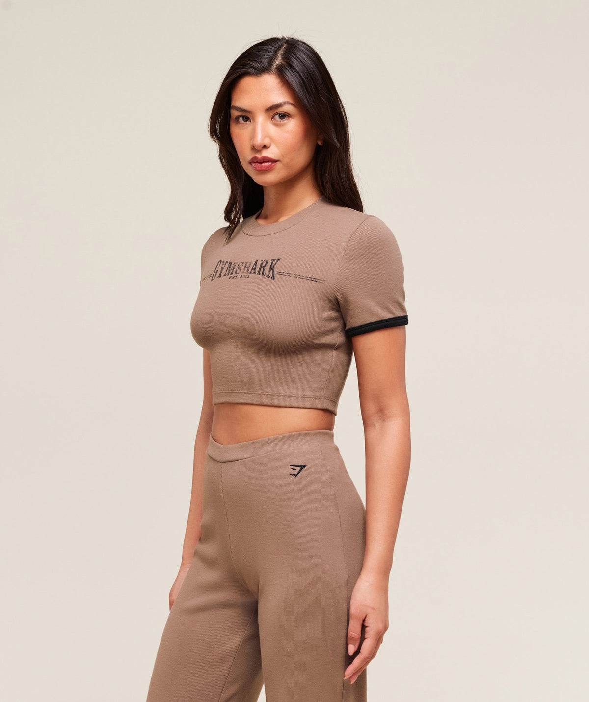 Gymshark Ribbed Cotton Crop Top - Mocha Mauve/Black
