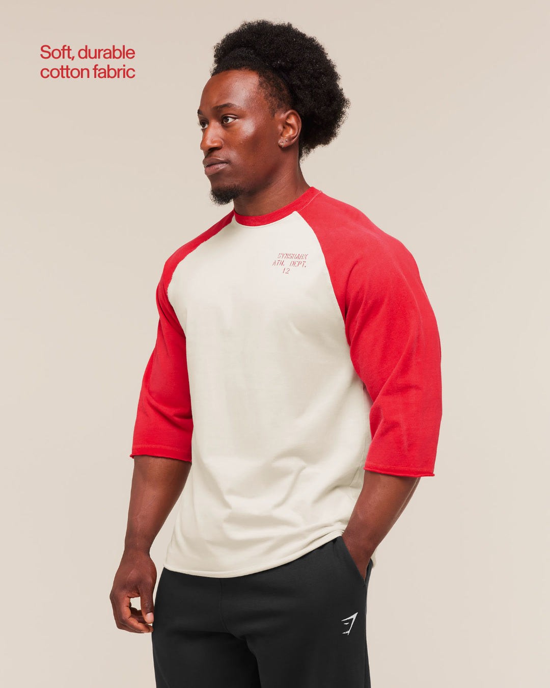 Gymshark Retro Collegiate 3/4 Sleeve Tee - Tinted White/Athletic Red