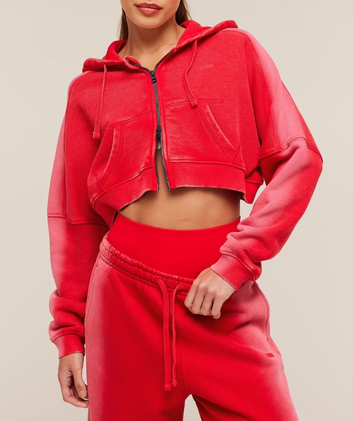 Gymshark Pump Washed Zip Through Hoodie - Carmine Red/Soft White/Wash