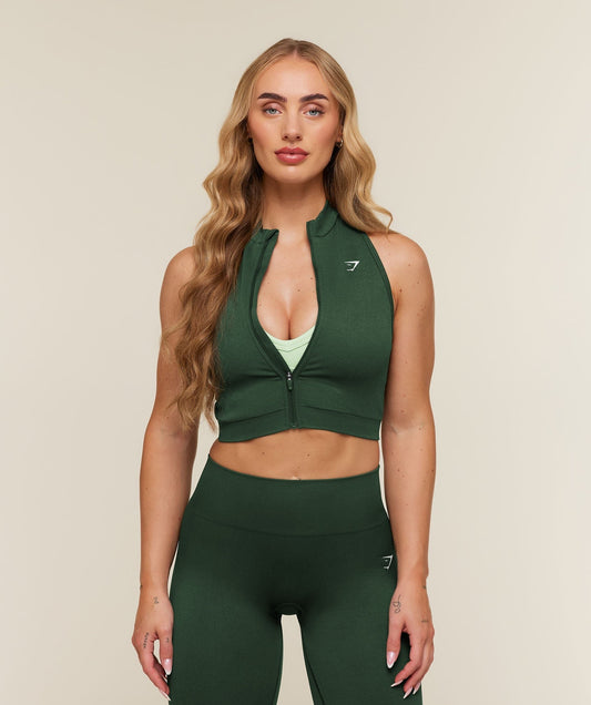 Gymshark Adapt Solid Zip Front Top - Earth Green