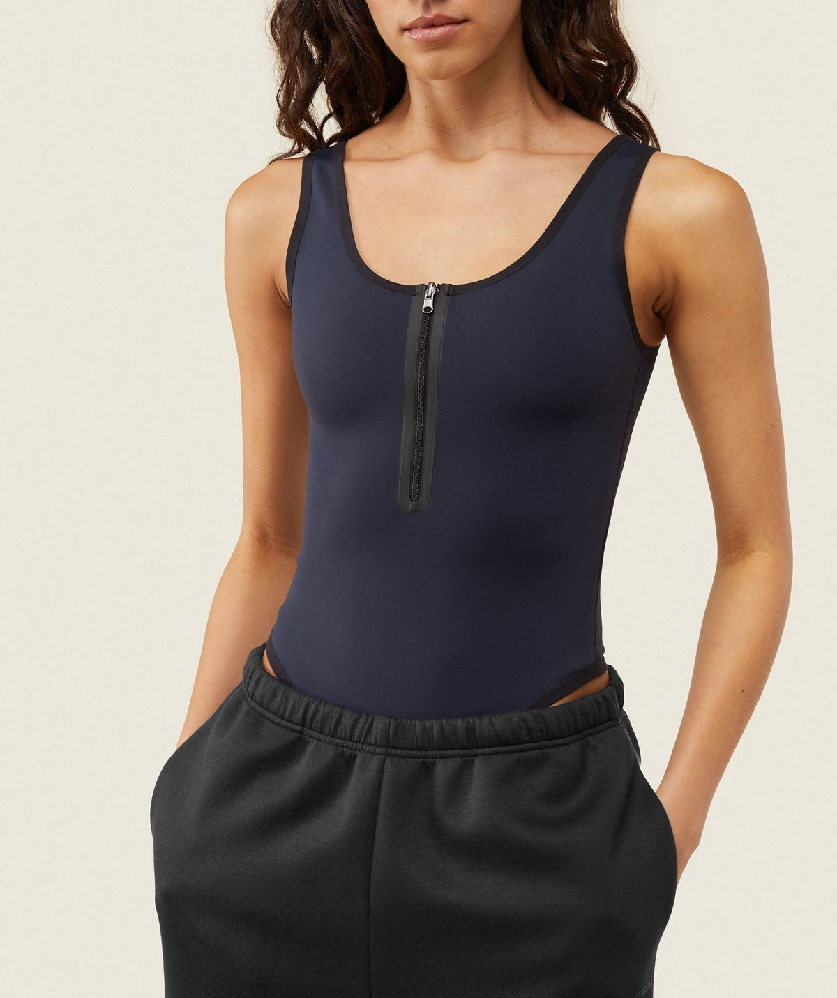 Gymshark Abstract Zip Up Leotard - Black/Heavy Blue