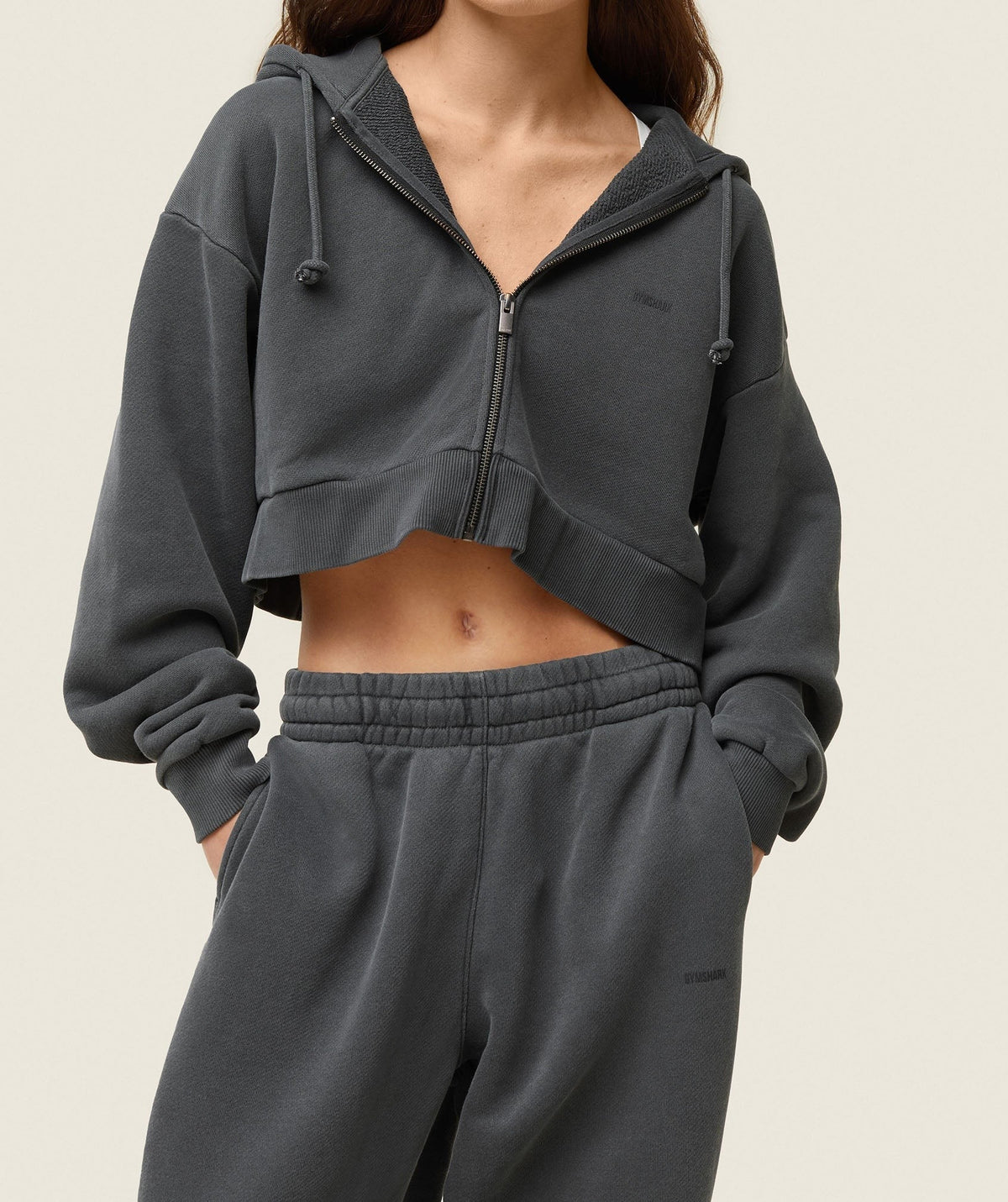 Gymshark Comfort Cropped Full Zip Hoodie - Black/Pigment Garment Dye + Wash