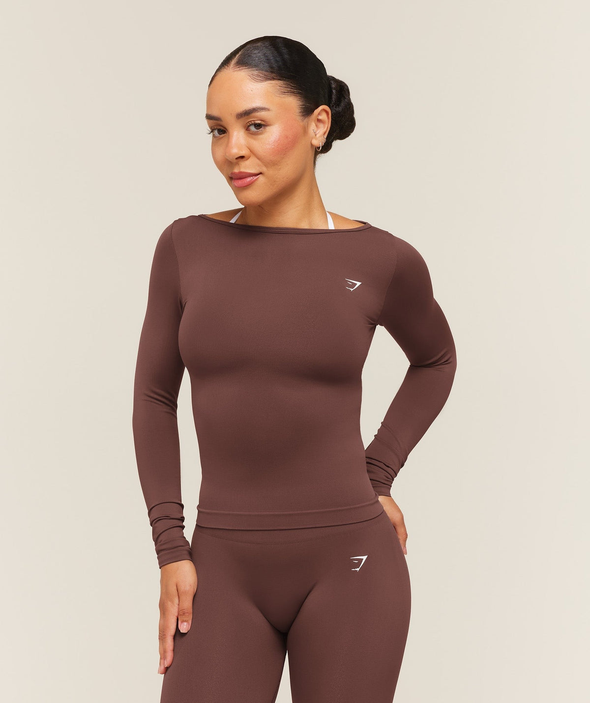 Gymshark Everyday Seamless Wide Neck Long Sleeve Top - Espresso Brown