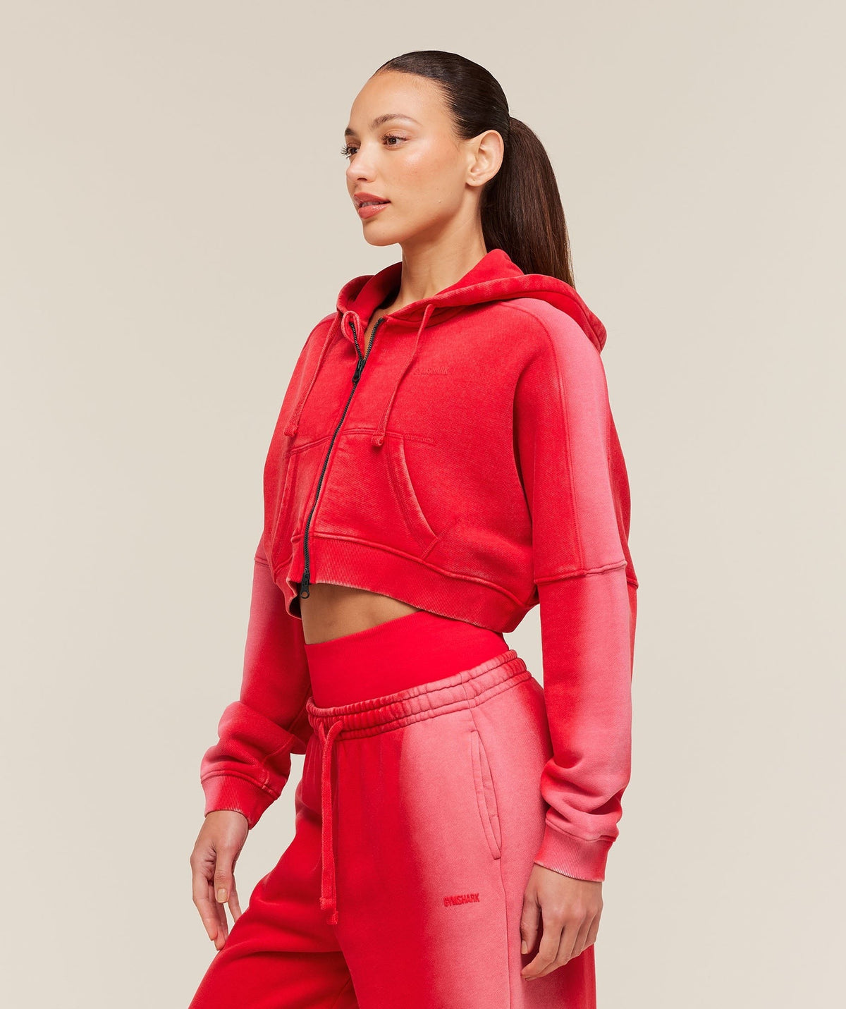Gymshark Pump Washed Zip Through Hoodie - Carmine Red/Soft White/Wash