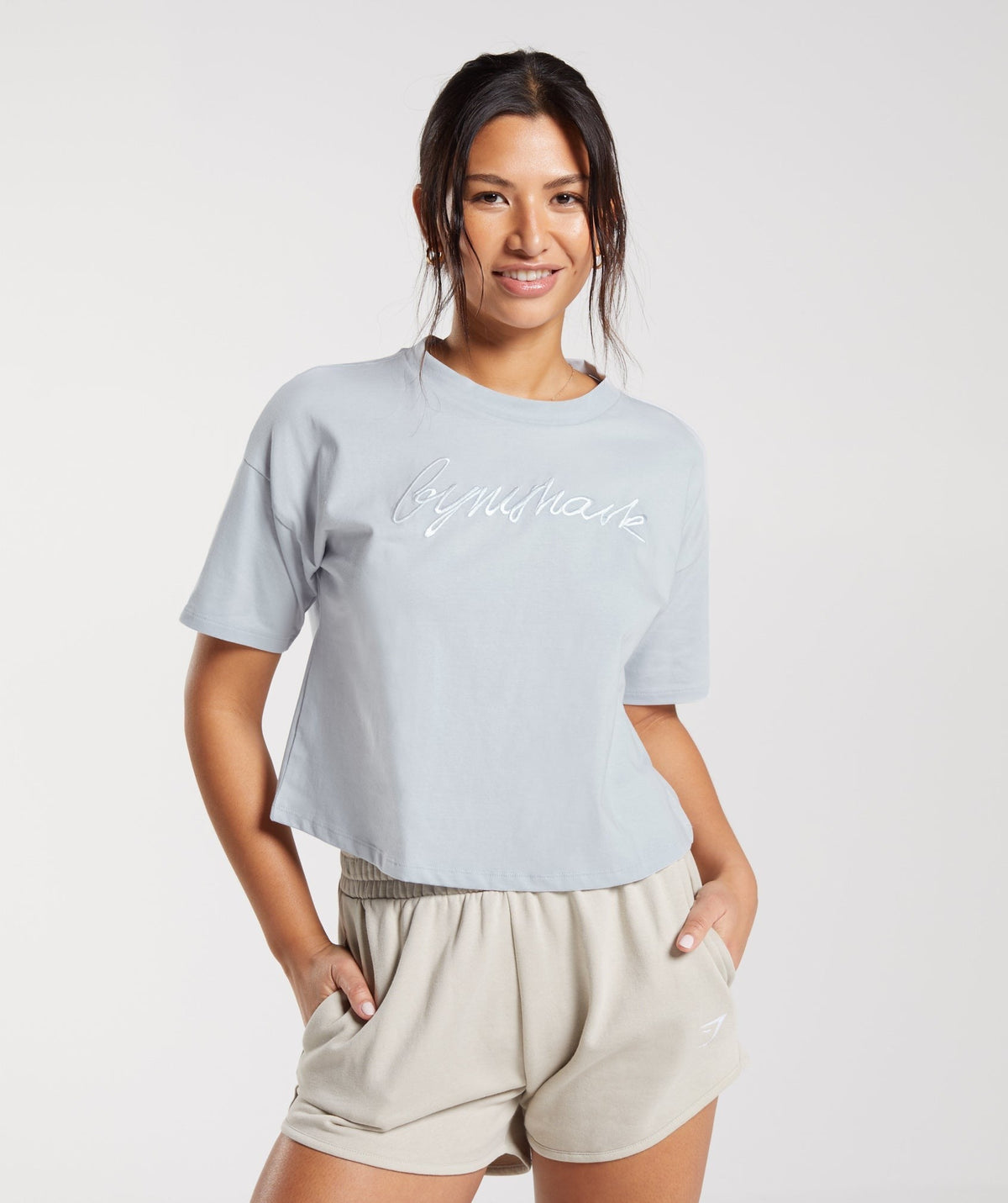 Gymshark Embroidered Graphic Midi Tee - River Stone Grey