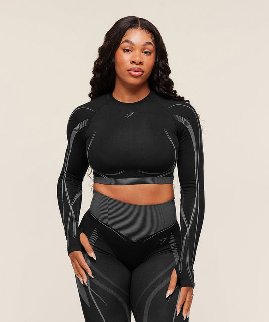 Gymshark x Analis Seamless Long Sleeve Crop Top - Black/Silver Grey