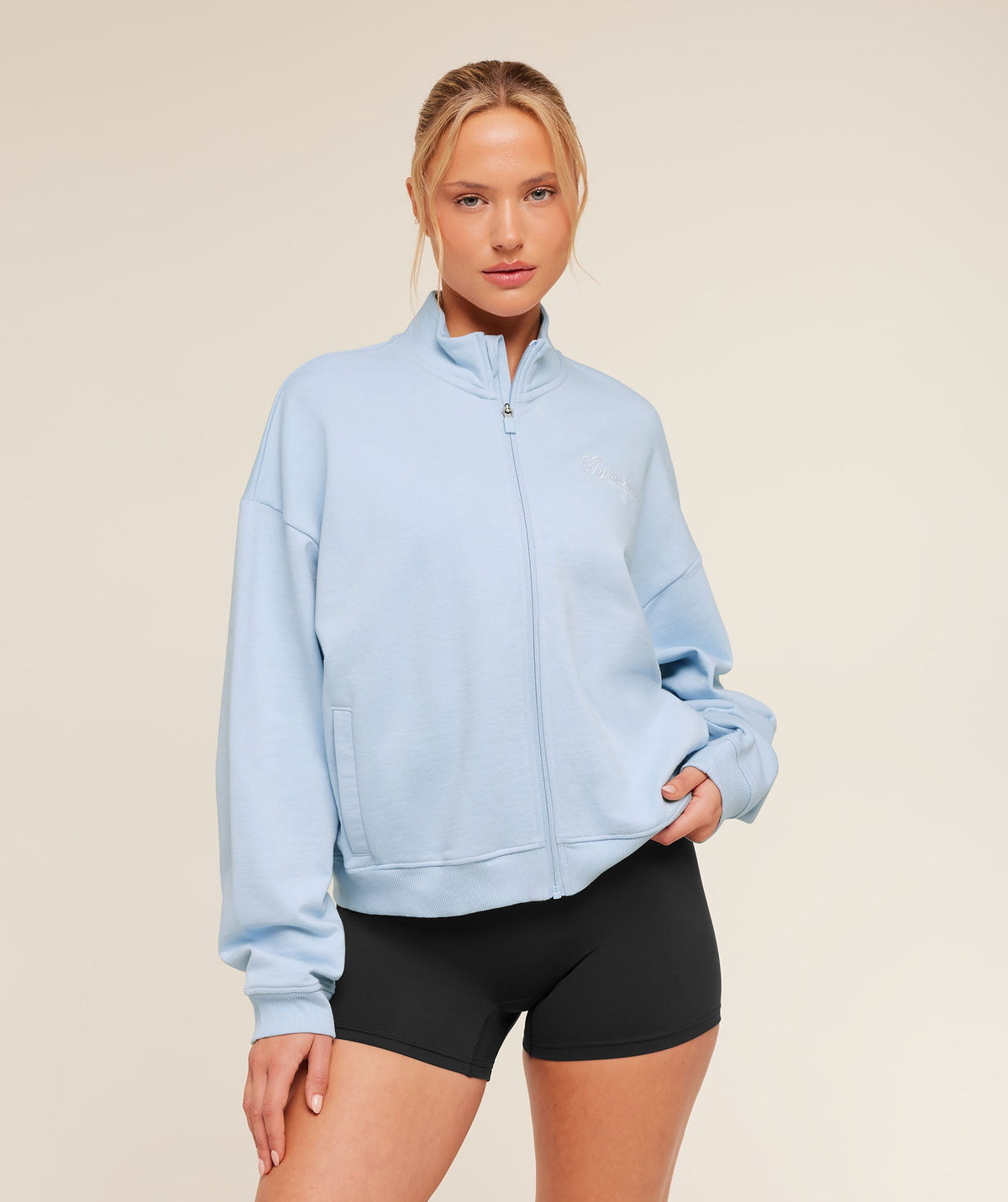 Gymshark Script Embroidery Oversized Zip Through - Chilled Blue