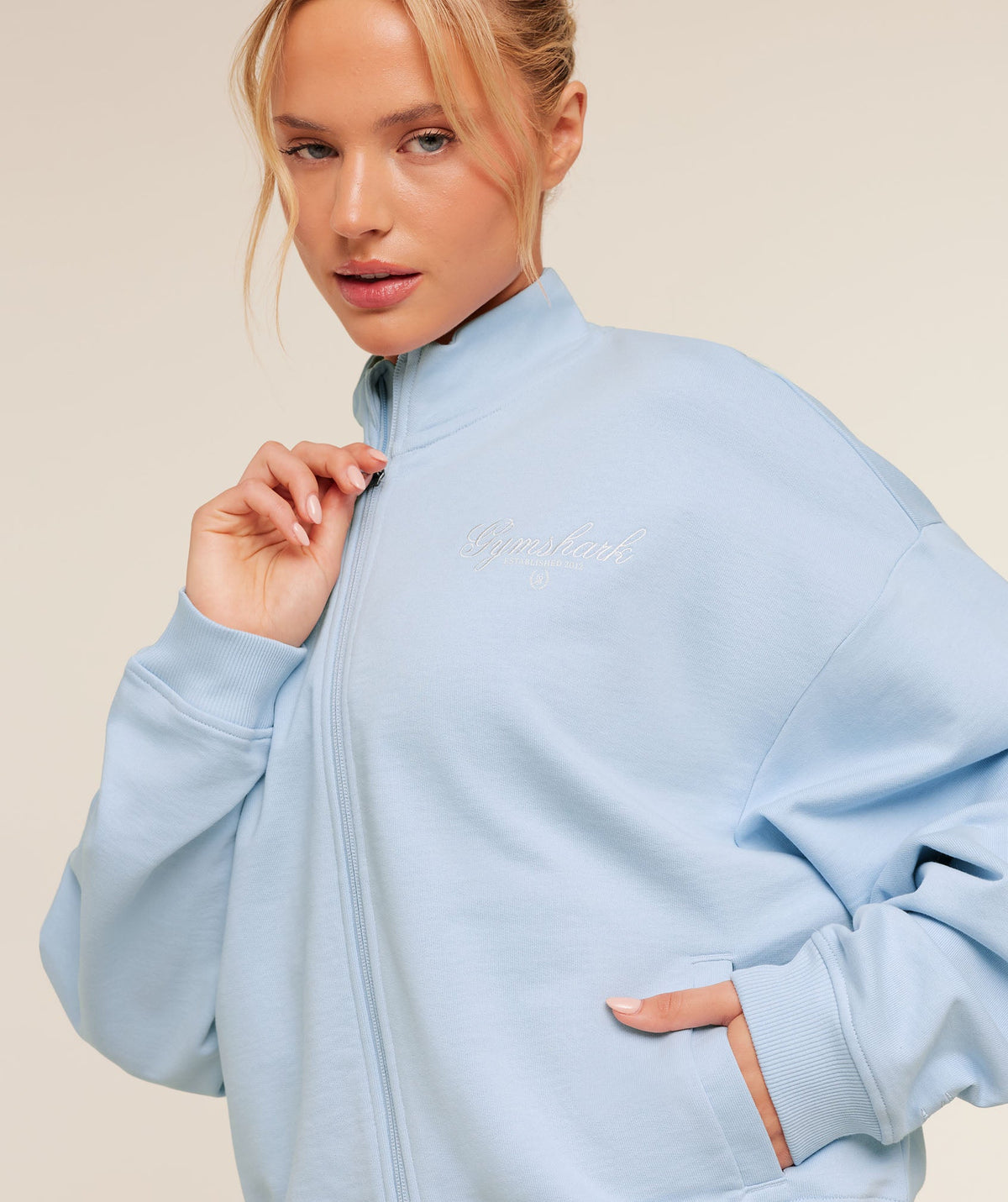 Gymshark Script Embroidery Oversized Zip Through - Chilled Blue