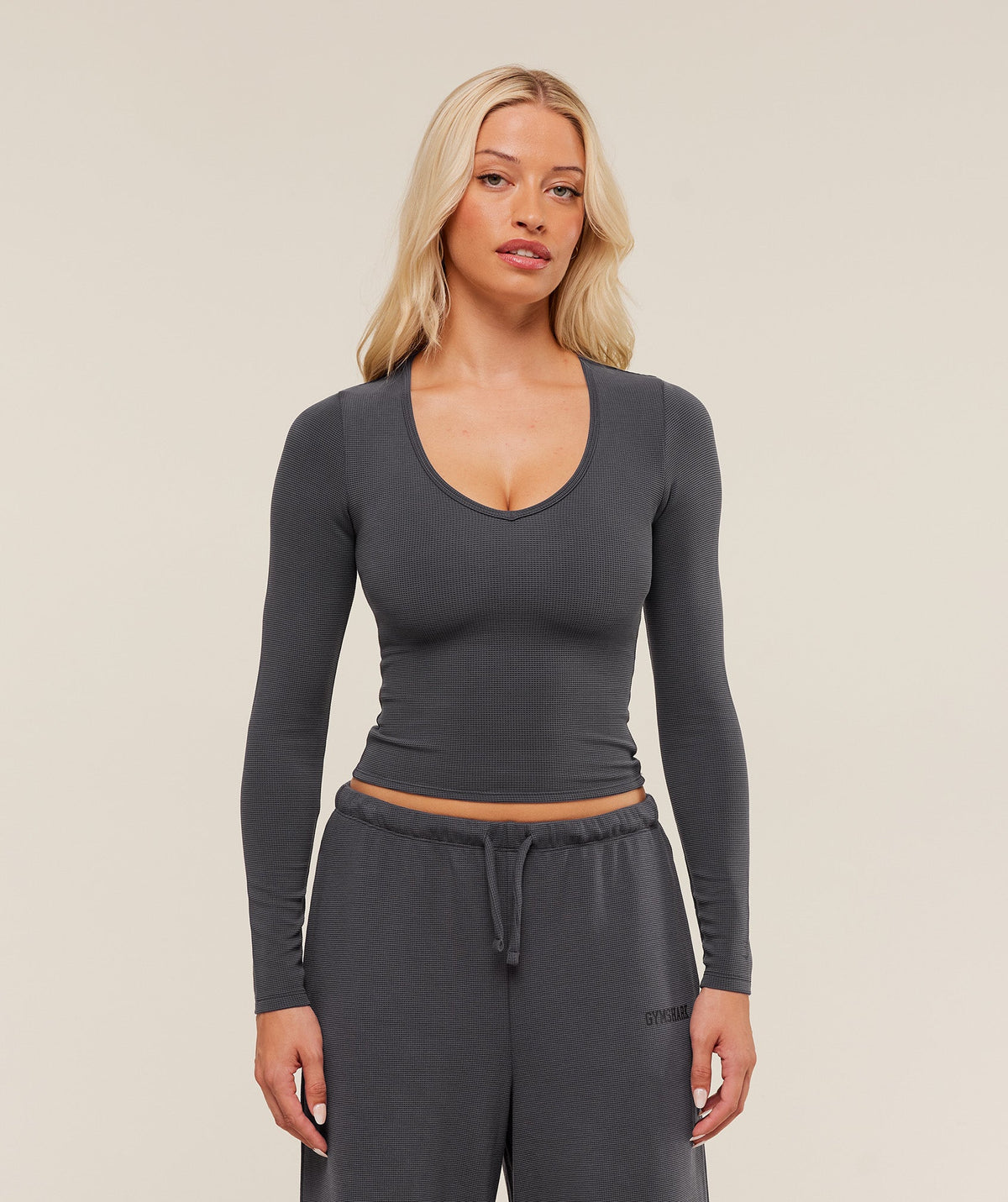Gymshark Waffle Long Sleeve Top - Onyx Grey