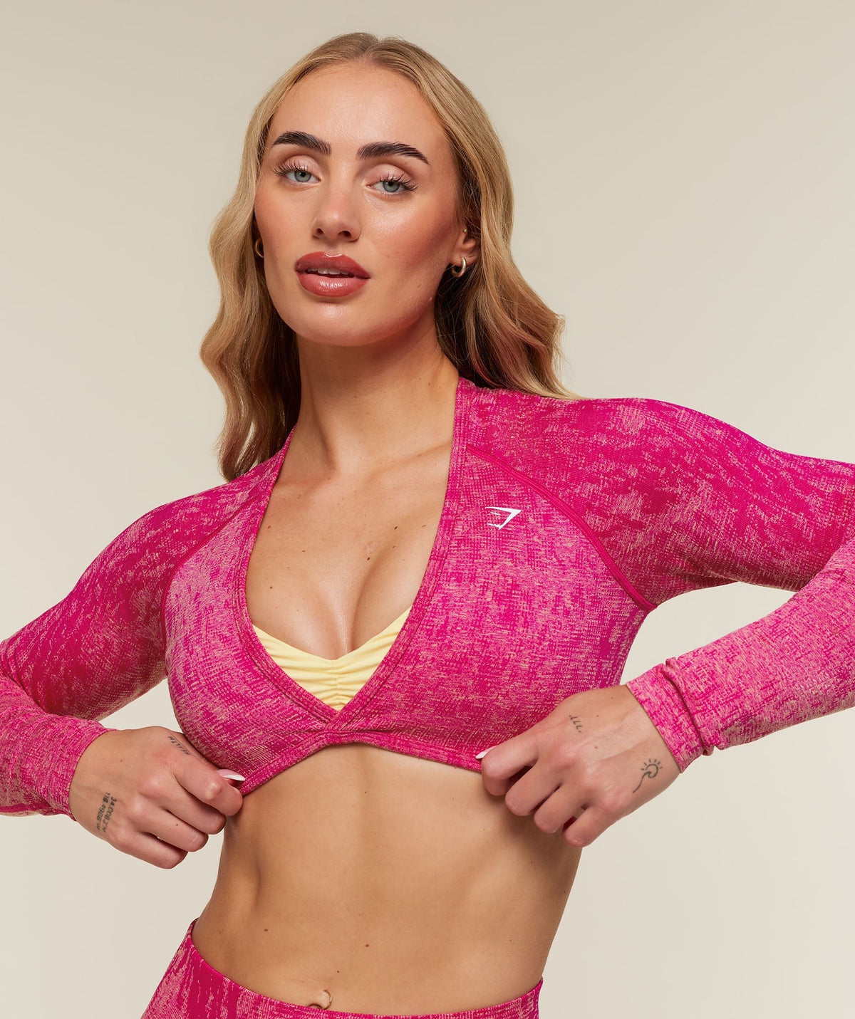 Gymshark Adapt Animal x Whitney Long Sleeve Crop Top - Performance Pink/Butter Yellow