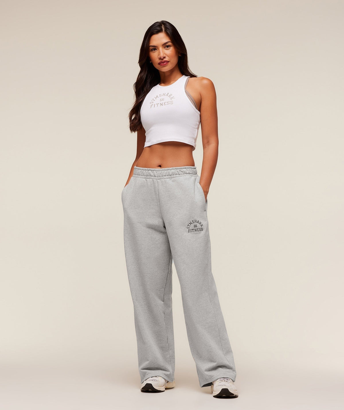 Gymshark Fitness Embroidered Graphic Wide Leg Joggers - Light Grey Core Marl