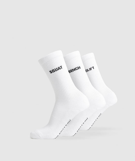 Gymshark GFX Crew Socks 3pk - White/Bench/Squat/Deadlift