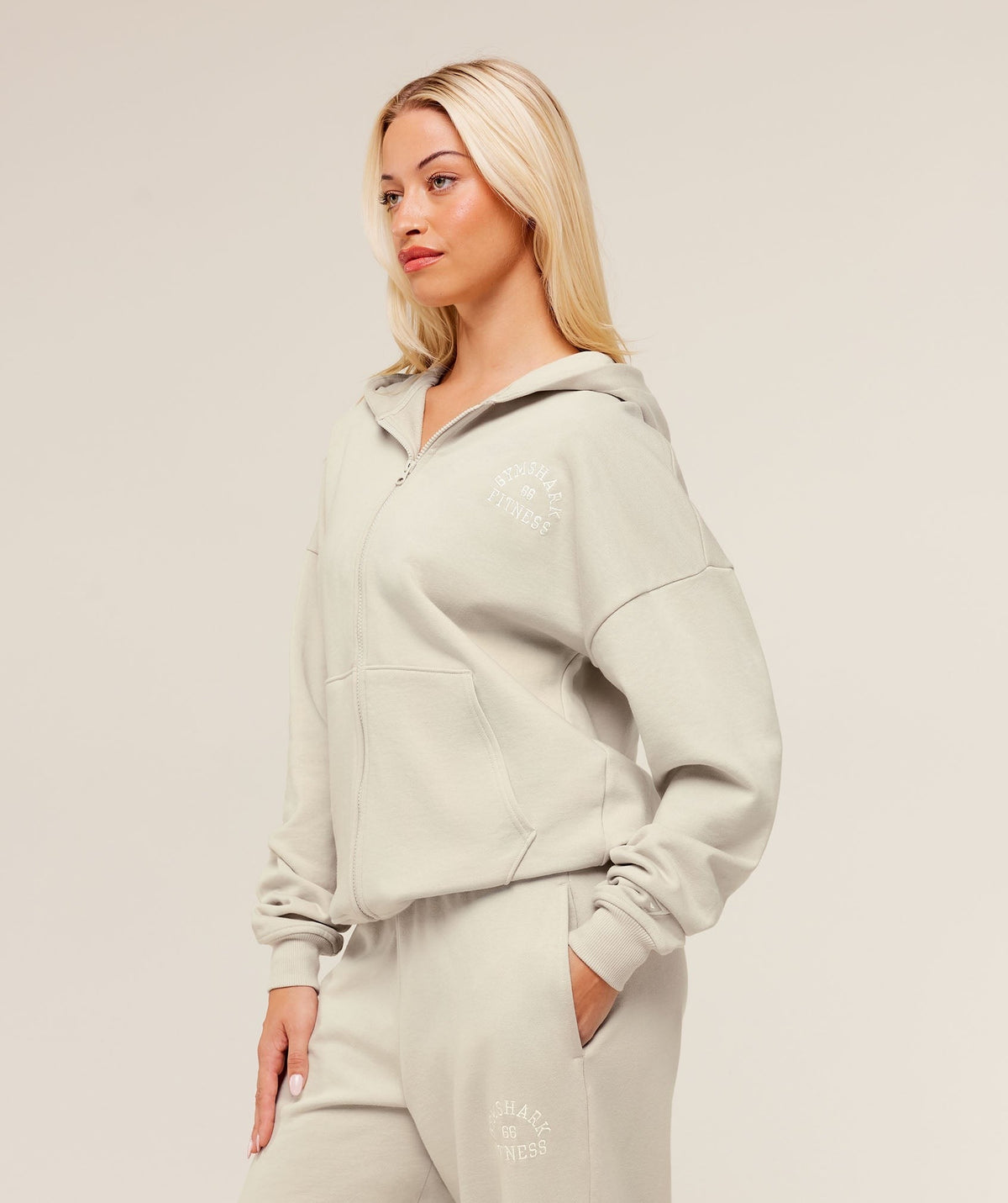 Gymshark Fitness Embroidered Graphic Zip Up Hoodie - Pebble Grey
