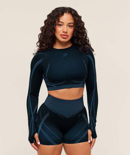 Gymshark x Analis Seamless Long Sleeve Crop Top - Midnight Blue/Lats Blue