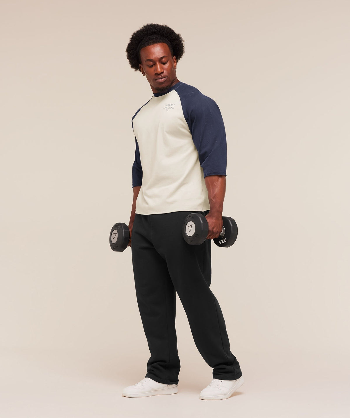 Gymshark Retro Collegiate 3/4 Sleeve Tee - Tinted White/Heavy Blue