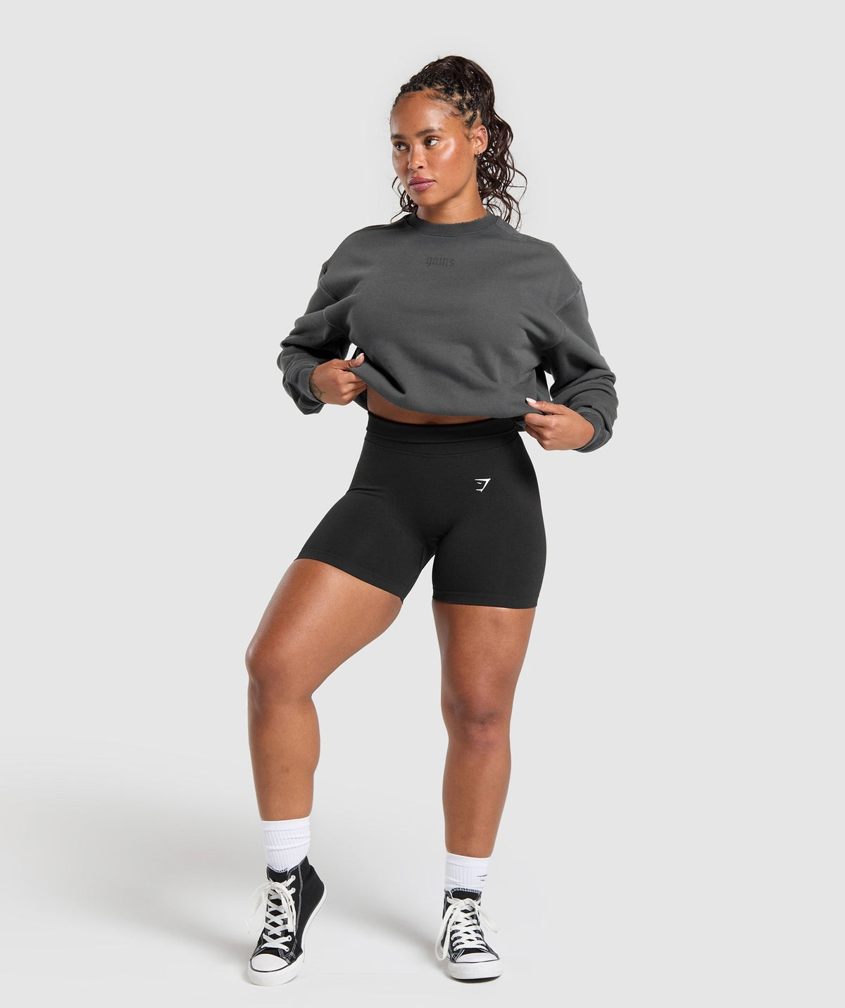 Gymshark Gains Washed Loopback Crew Neck - Asphalt Grey/Black/Spray Dye