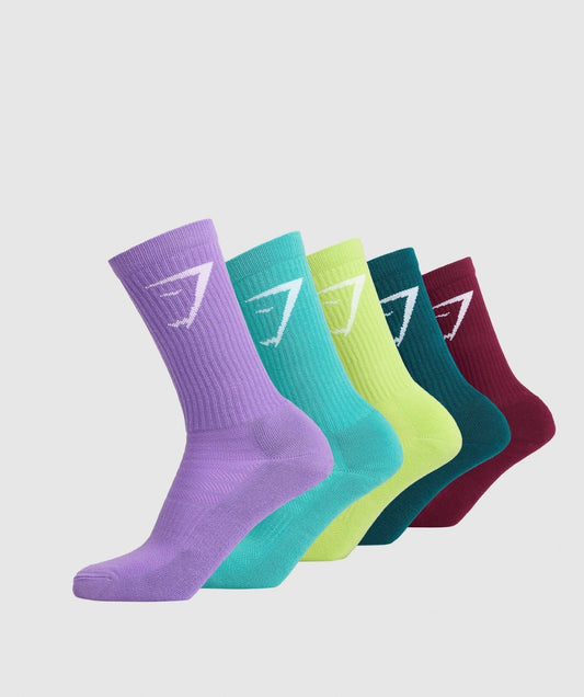Gymshark Crew Socks 5pk - Plum Pink/Deep Teal/Citrus Green/Capri Blue/Grape Purple