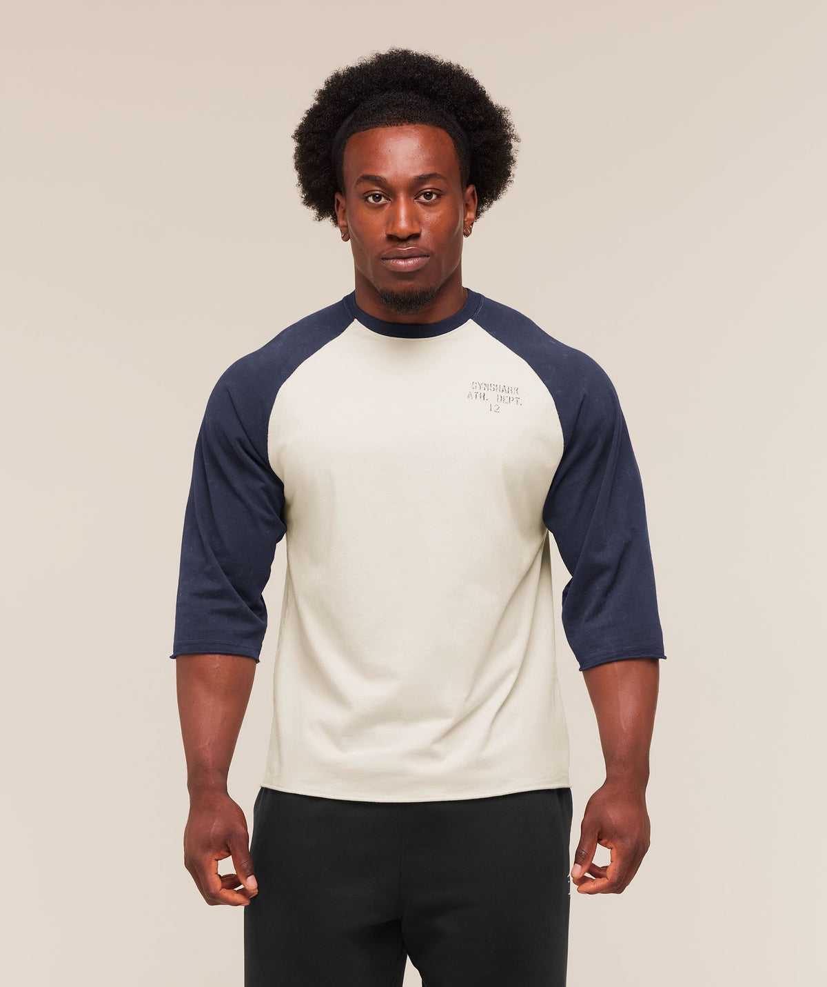 Gymshark Retro Collegiate 3/4 Sleeve Tee - Tinted White/Heavy Blue