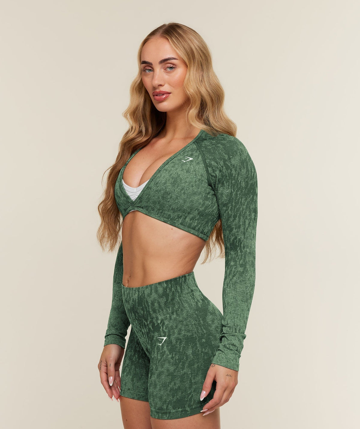 Gymshark Adapt Animal x Whitney Long Sleeve Crop Top - Earth Green/Sprint Green