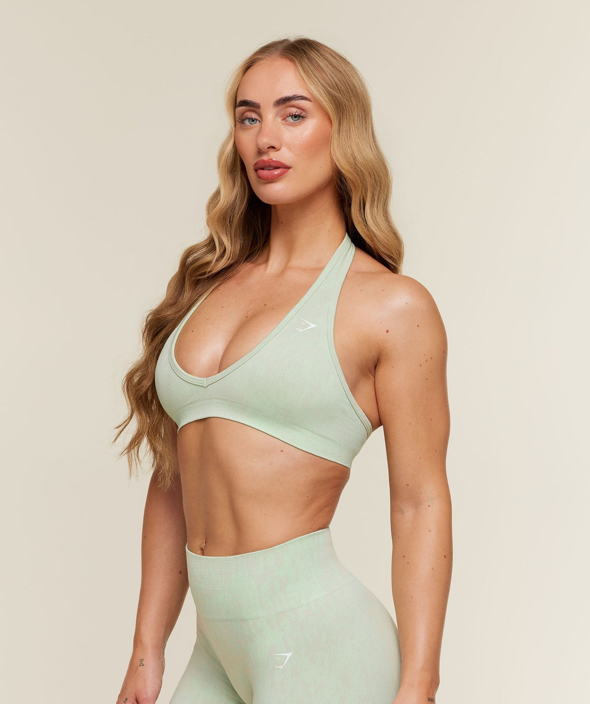 Gymshark Adapt Animal x Whitney Halter Neck Sports Bra - Sprint Green/Chalk Beige