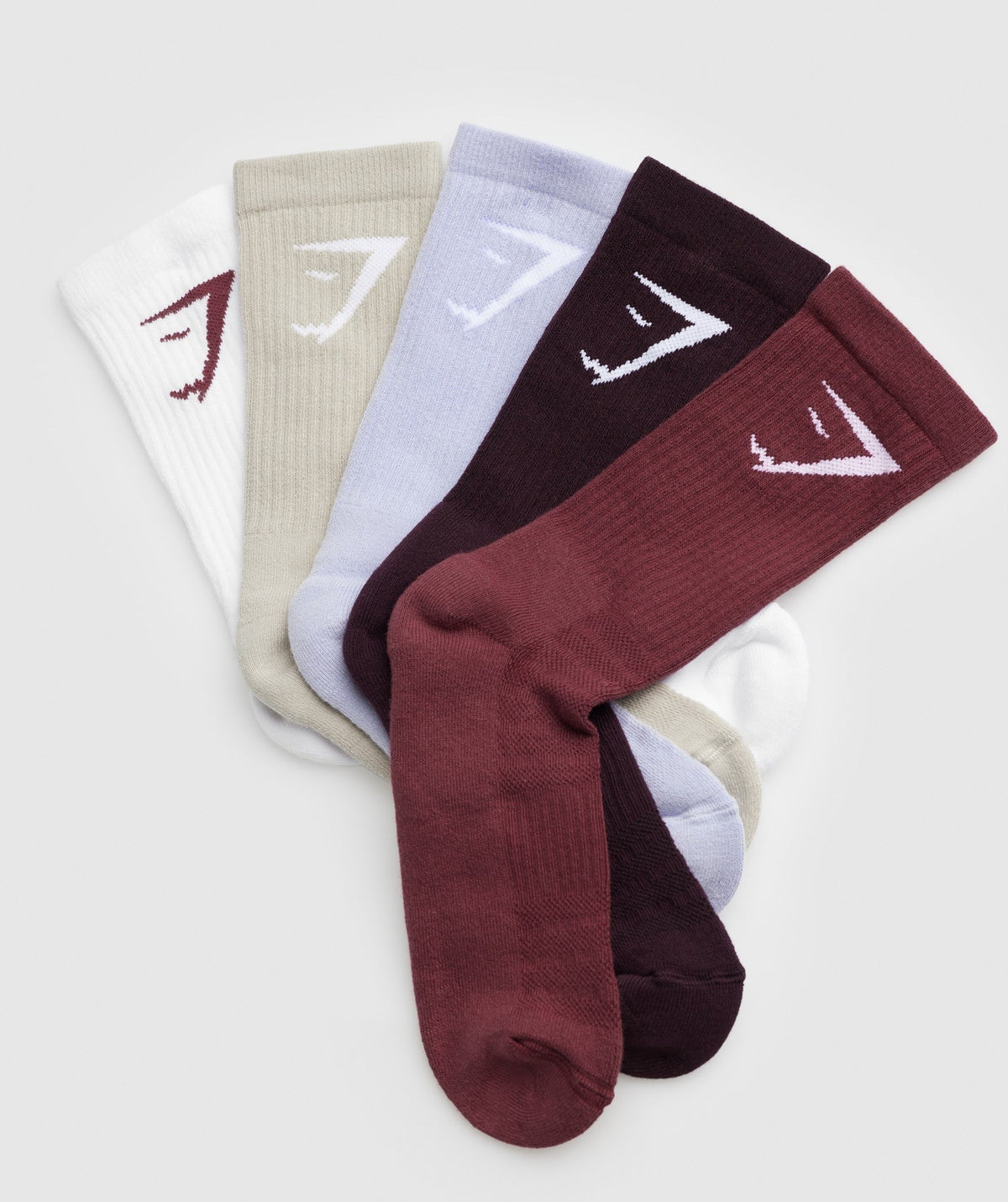 Gymshark Crew Socks 5pk - Washed Stone Brown/Mystic Lilac/Washed Burgundy/Plum Brown/White