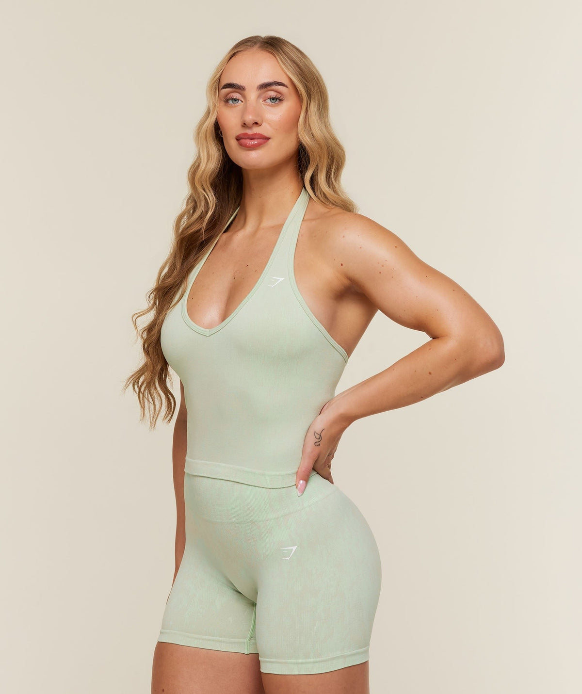 Gymshark Adapt Animal x Whitney Halter Neck Shelf Cami - Sprint Green/Chalk Beige