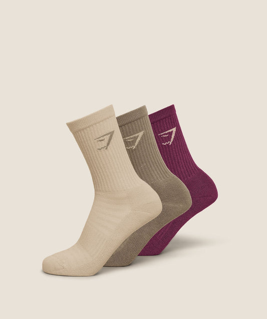 Gymshark Crew Socks 3pk - Chalk Beige/Lifestyle Brown/Strength Pink