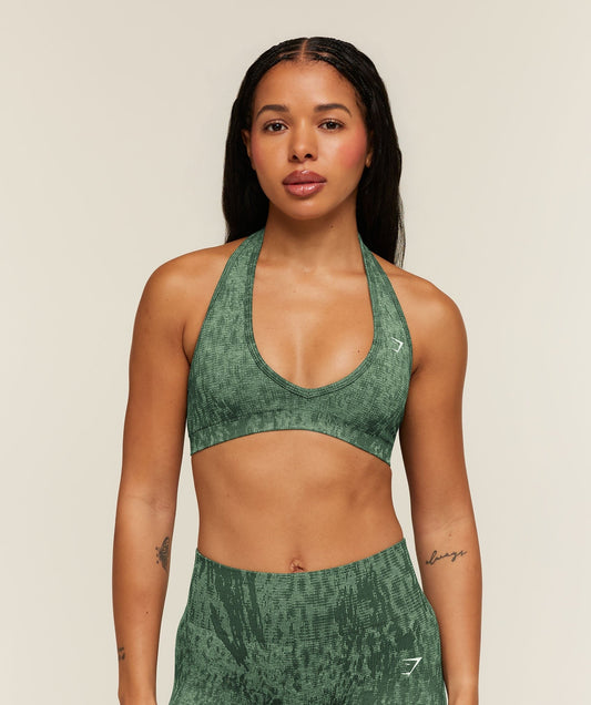 Gymshark Adapt Animal x Whitney Halter Neck Sports Bra - Earth Green/Sprint Green